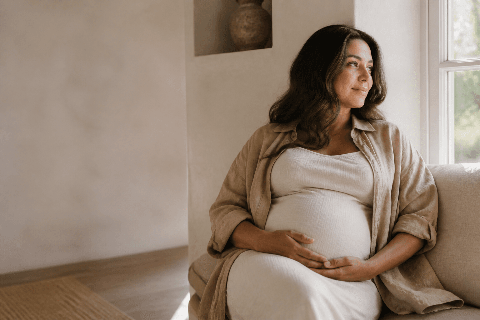 An expectant mother resting in a calm, sunlit home